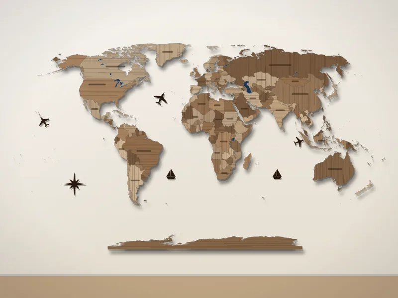 Illustration of a world map in warm brown wood tones