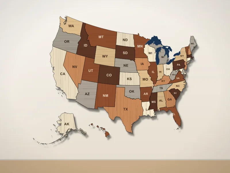 Illustration of a wooden map of the USA with every state cut along its border, seen at an angle